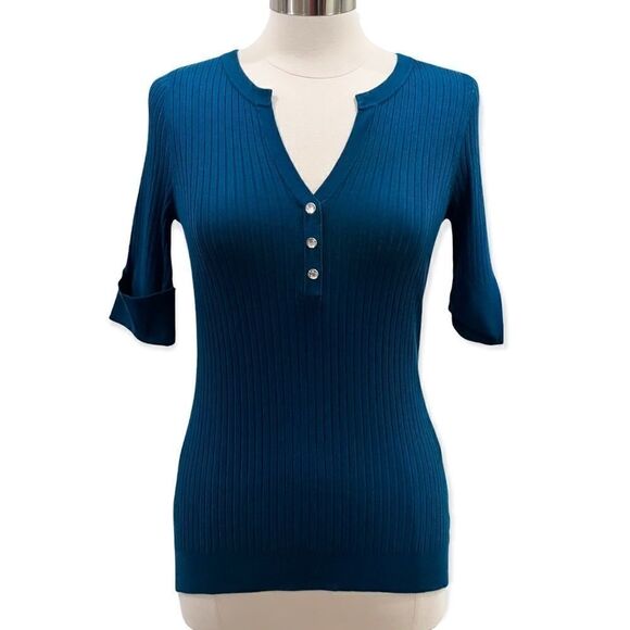 INC International Concepts Ribbed-Knit Half Sleeves Split-Neck Sweater in Size M - Picture 1 of 8